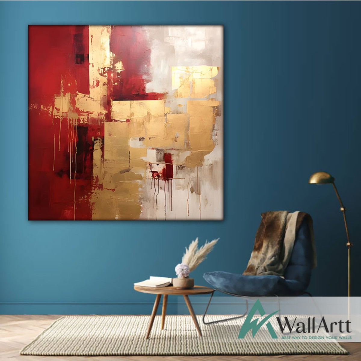 Gold Foil on Red Abstract Textured Partial Oil Painting - Wall Art